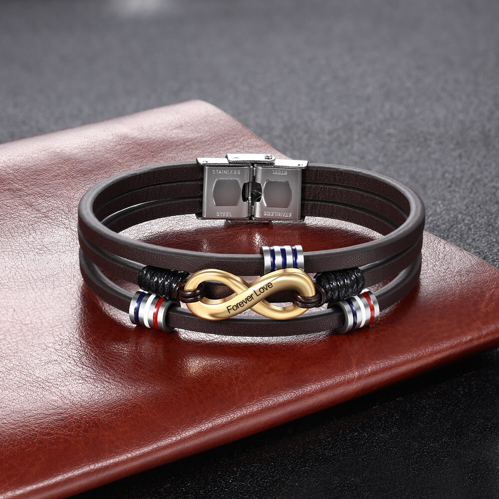 Engraved Men's Leather Infinity Charm Bracelet