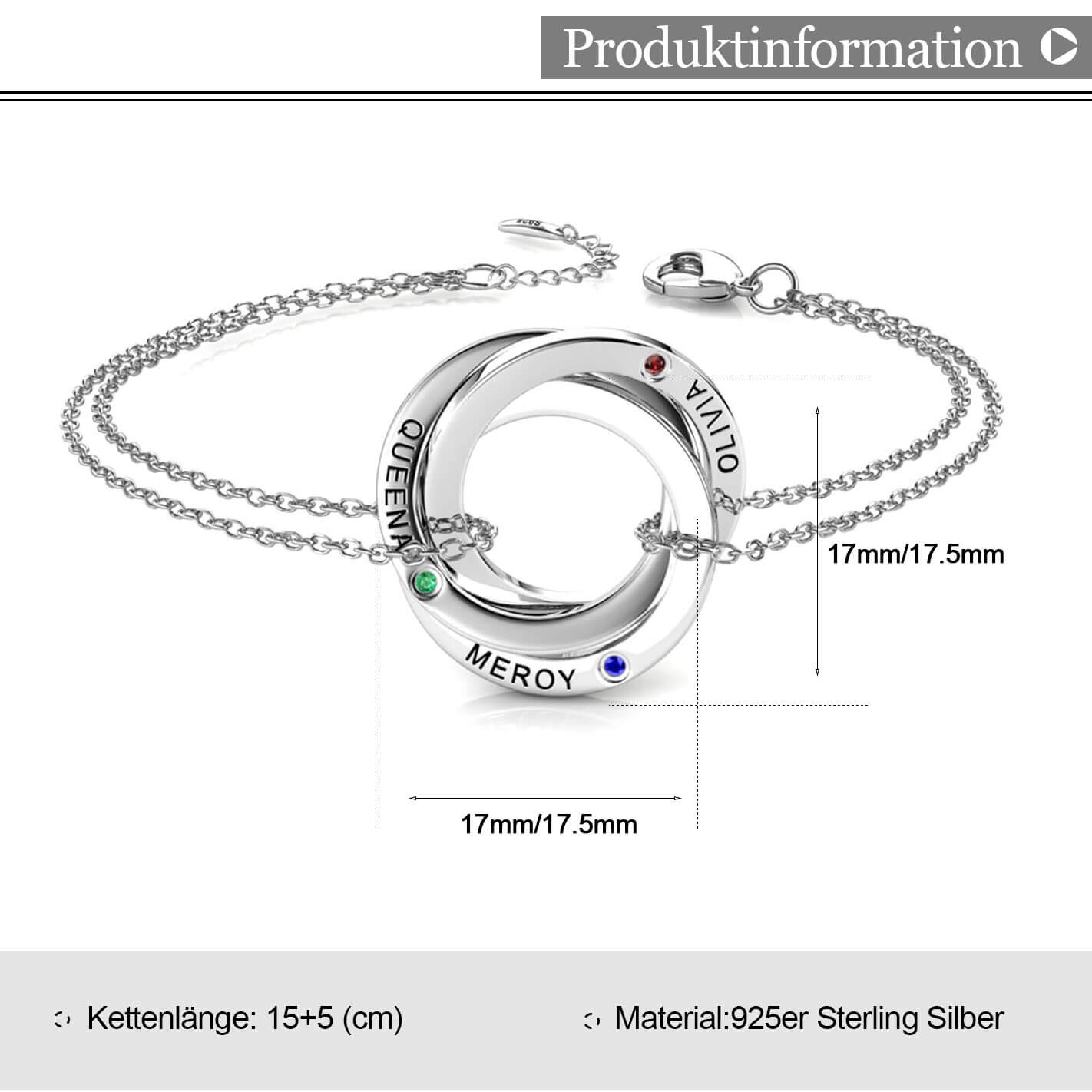 Russische 3 Ringe Armbänder mit 3 Geburtssteinen
