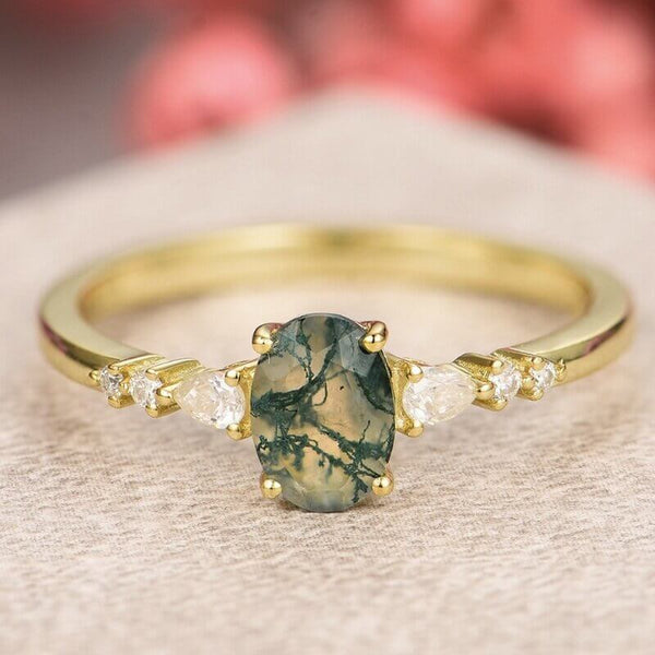 Grüner Moosachat-Ring, oval, Sterlingsilber, gelbvergoldet