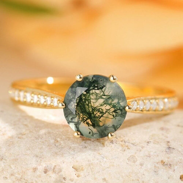 Grüner Moosachat-Ring, rund, mit Moissanit-Sterlingsilber