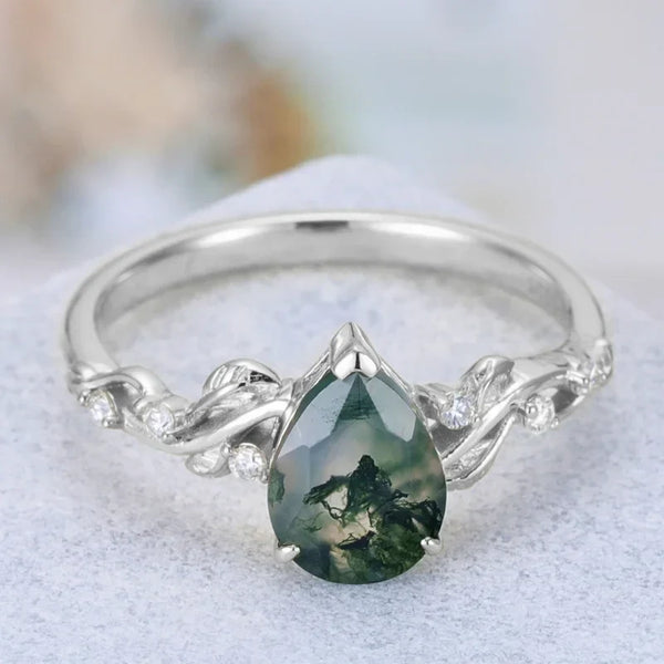 Grüner Moosachat Ring Birnenförmig Sterling Silber