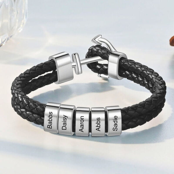 Herrenleder personalisierte gravierte Perlen Ankerarmband | 2-5 Perlen