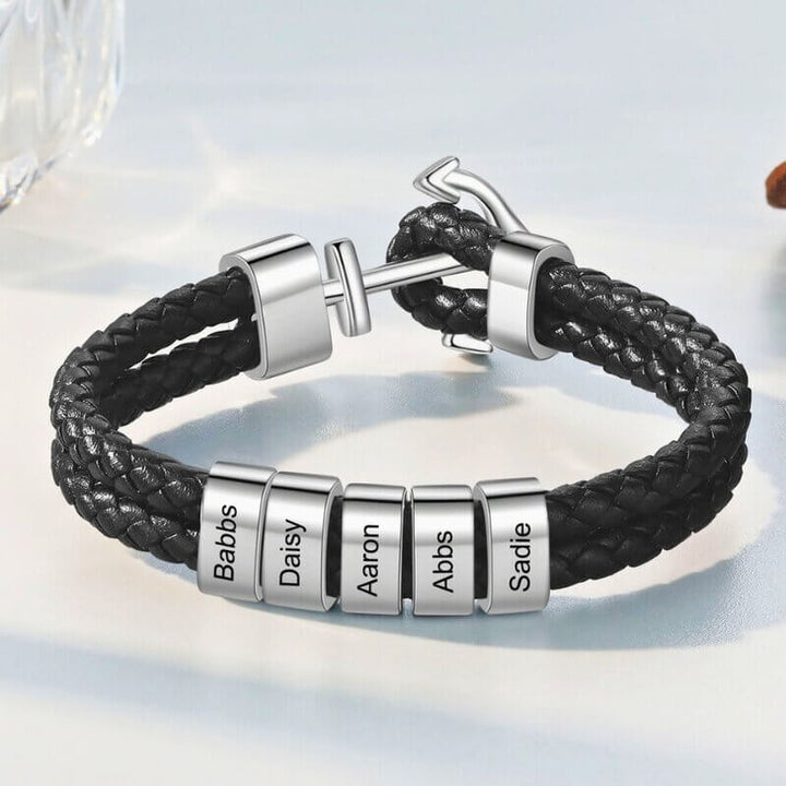 Herrenleder personalisierte gravierte Perlen Ankerarmband | 2-5 Perlen