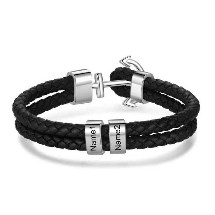 Herrenleder personalisierte gravierte Perlen Ankerarmband | 2-5 Perlen
