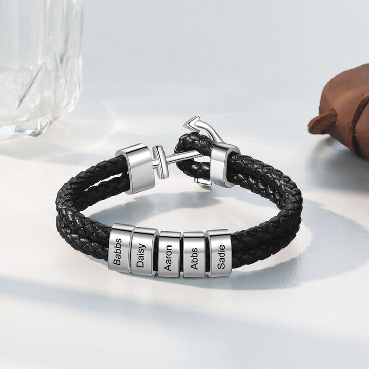 Herrenleder personalisierte gravierte Perlen Ankerarmband | 2-5 Perlen