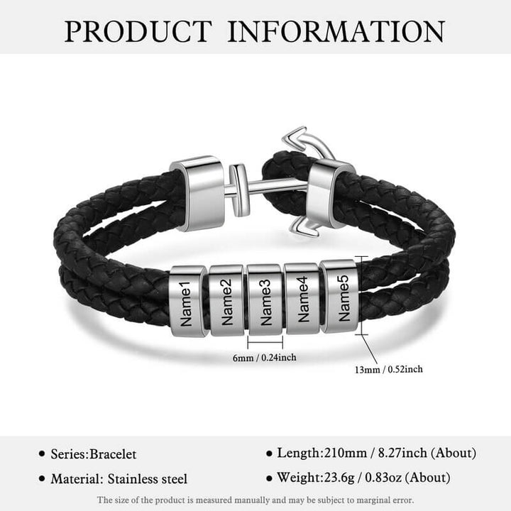 Herrenleder personalisierte gravierte Perlen Ankerarmband | 2-5 Perlen