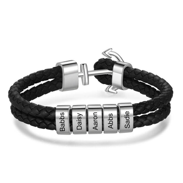 Herrenleder personalisierte gravierte Perlen Ankerarmband | 2-5 Perlen