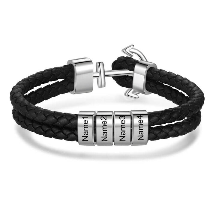 Herrenleder personalisierte gravierte Perlen Ankerarmband | 2-5 Perlen