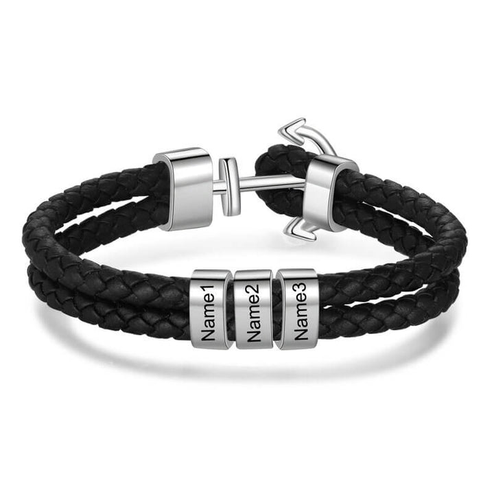 Herrenleder personalisierte gravierte Perlen Ankerarmband | 2-5 Perlen