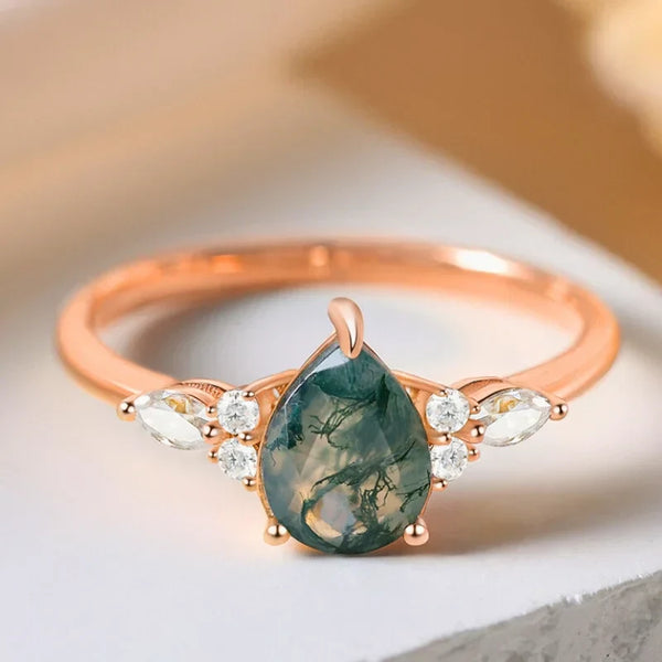 Moosachat Ring Birnenförmig - Silber/Roségold/Gelbgold