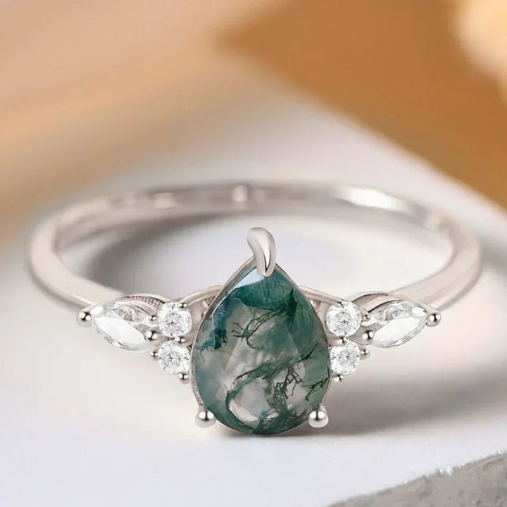 Moosachat Ring Birnenförmig - Silber/Roségold/Gelbgold
