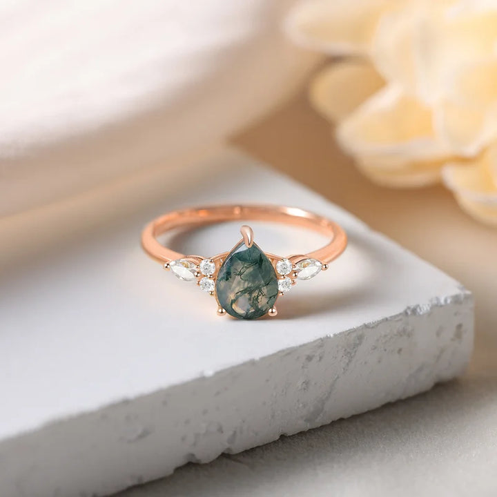 Moosachat Ring Birnenförmig - Silber/Roségold/Gelbgold
