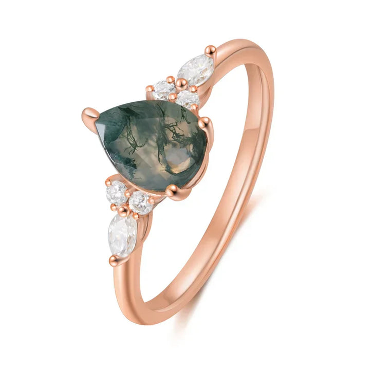 Moosachat Ring Birnenförmig - Silber/Roségold/Gelbgold