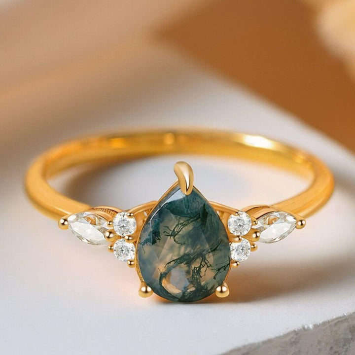 Moosachat Ring Birnenförmig - Silber/Roségold/Gelbgold