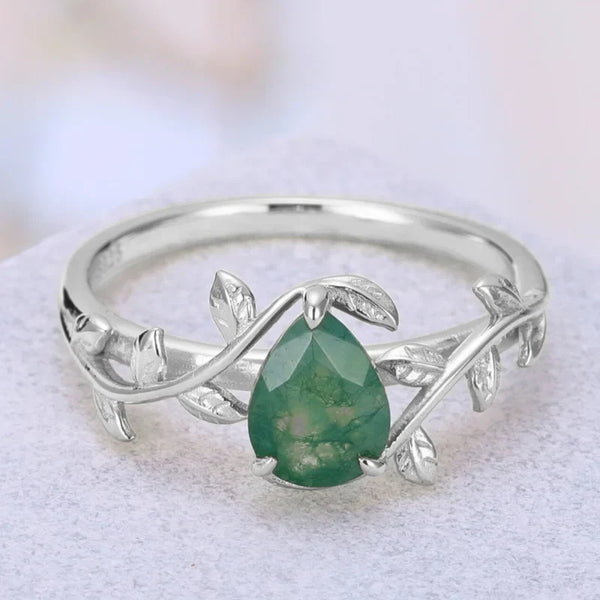 Moosachat Ring Birnenschliff Sterling Silber