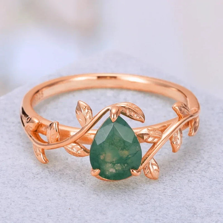 Moosachat Ring Birnenschliff Sterling Silber