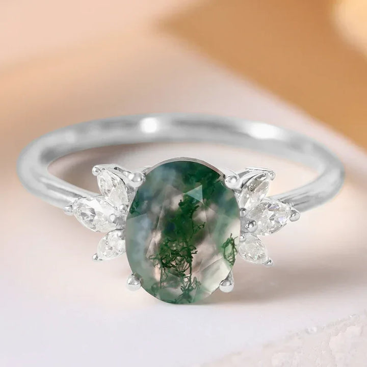 Natürlicher Moosachat Ring Oval geformt Sterling Silber