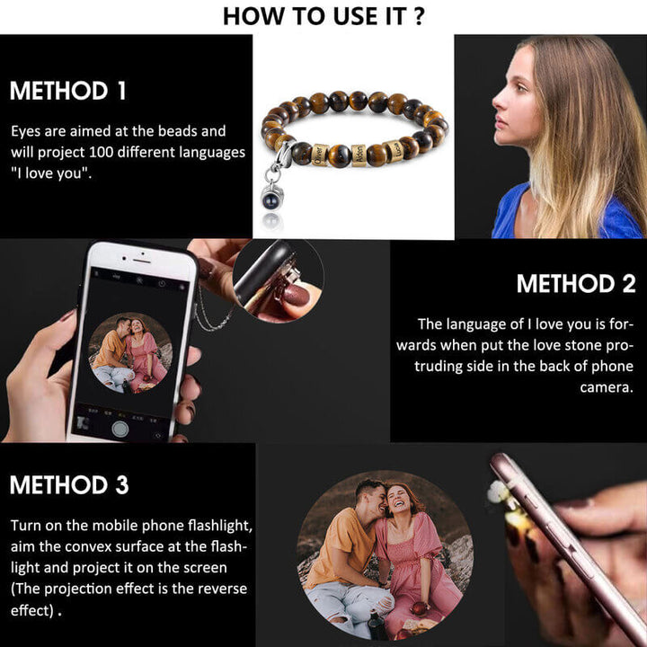 Armband mit Fotoprojektion | Tigerauge-Steinarmband mit 3 Namensperlen