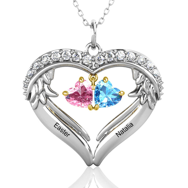 Angel Wings 2 Birthstones 2 Name Necklace