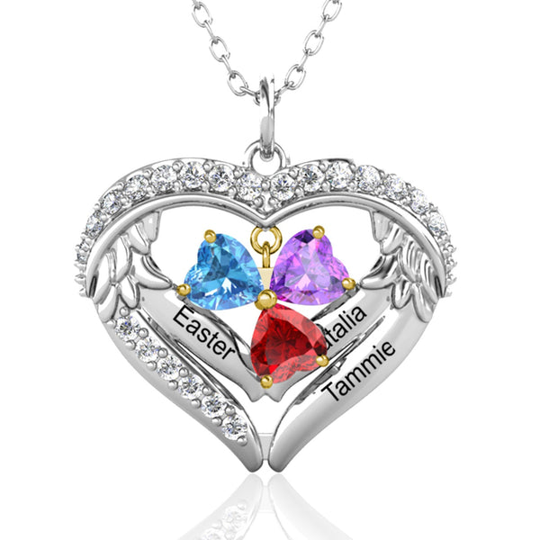 Angel Wings 3 Birthstones 3 Name Necklace