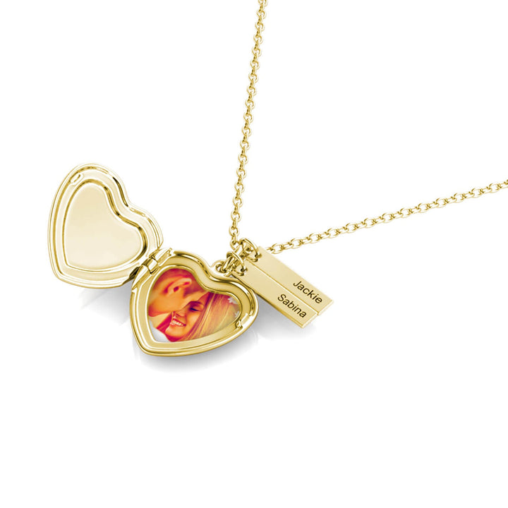 Heart Photo Locket Necklace with 2 Engraved Bar