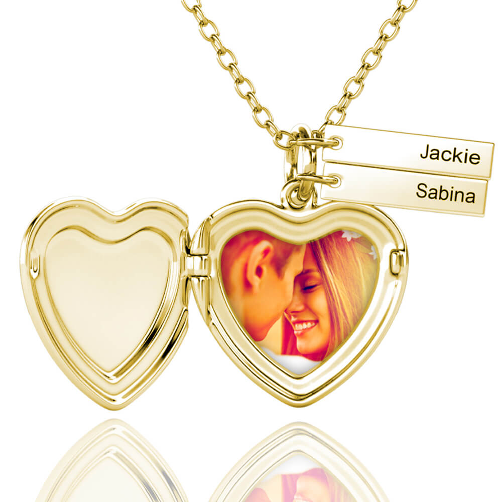 Heart Photo Locket Necklace with 2 Engraved Bar