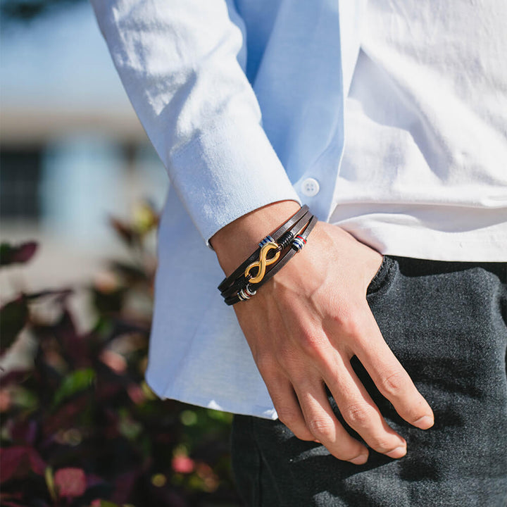 Engraved Men's Leather Infinity Charm Bracelet