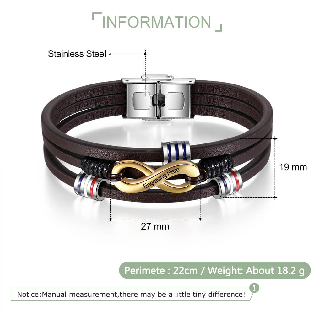 Engraved Men's Leather Infinity Charm Bracelet