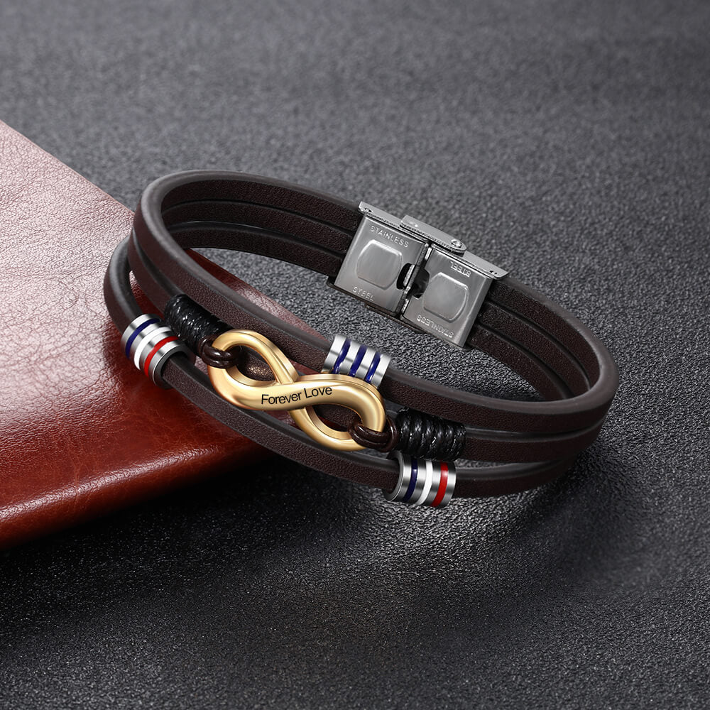Engraved Men's Leather Infinity Charm Bracelet
