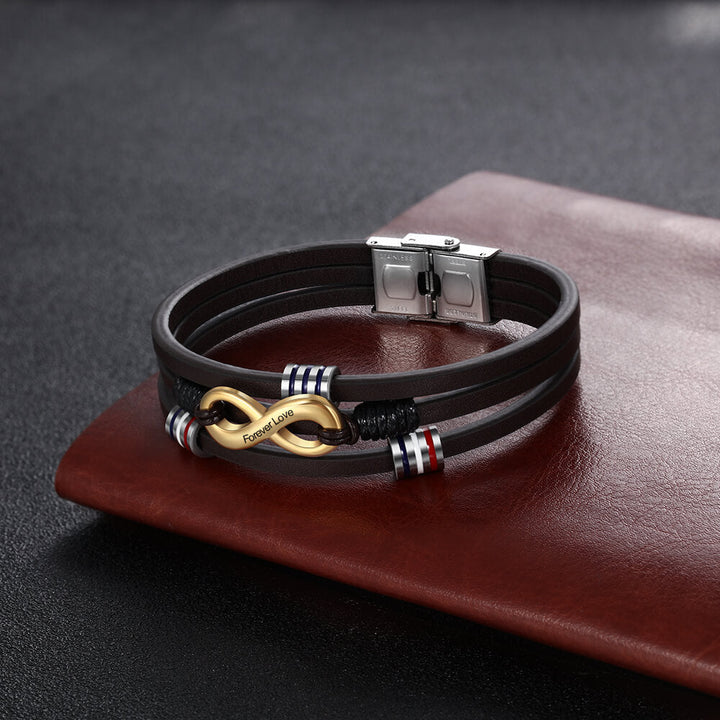 Engraved Men's Leather Infinity Charm Bracelet