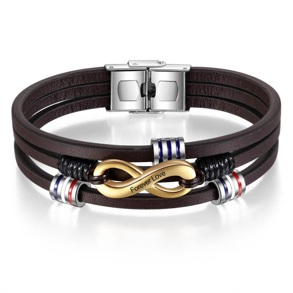 Engraved Men's Leather Infinity Charm Bracelet