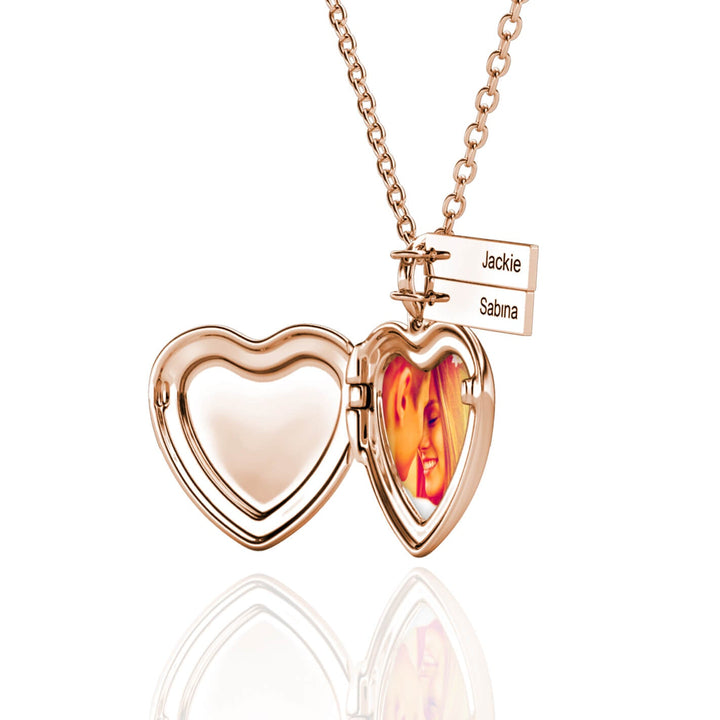 Heart Photo Locket Necklace with 2 Engraved Bar