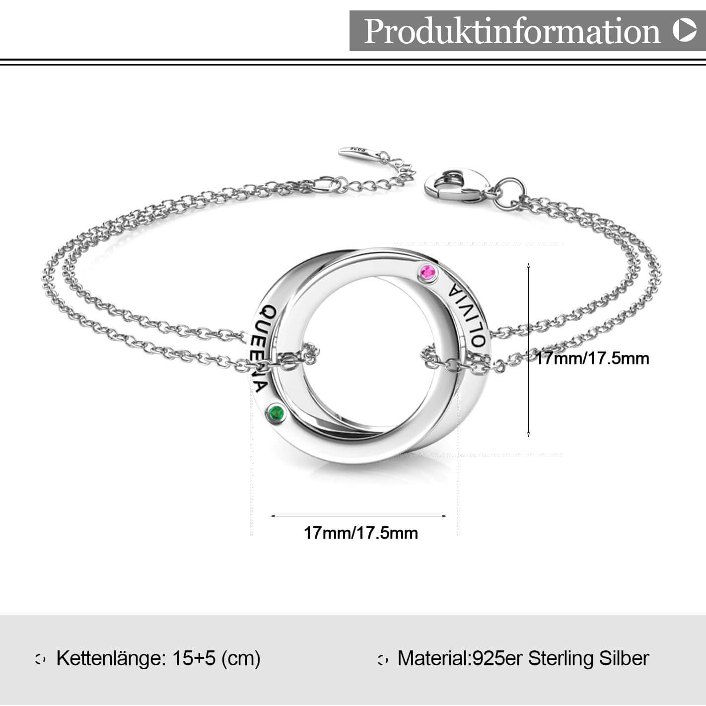 Russische 2 Ringe Armbänder mit 2 Geburtssteinen