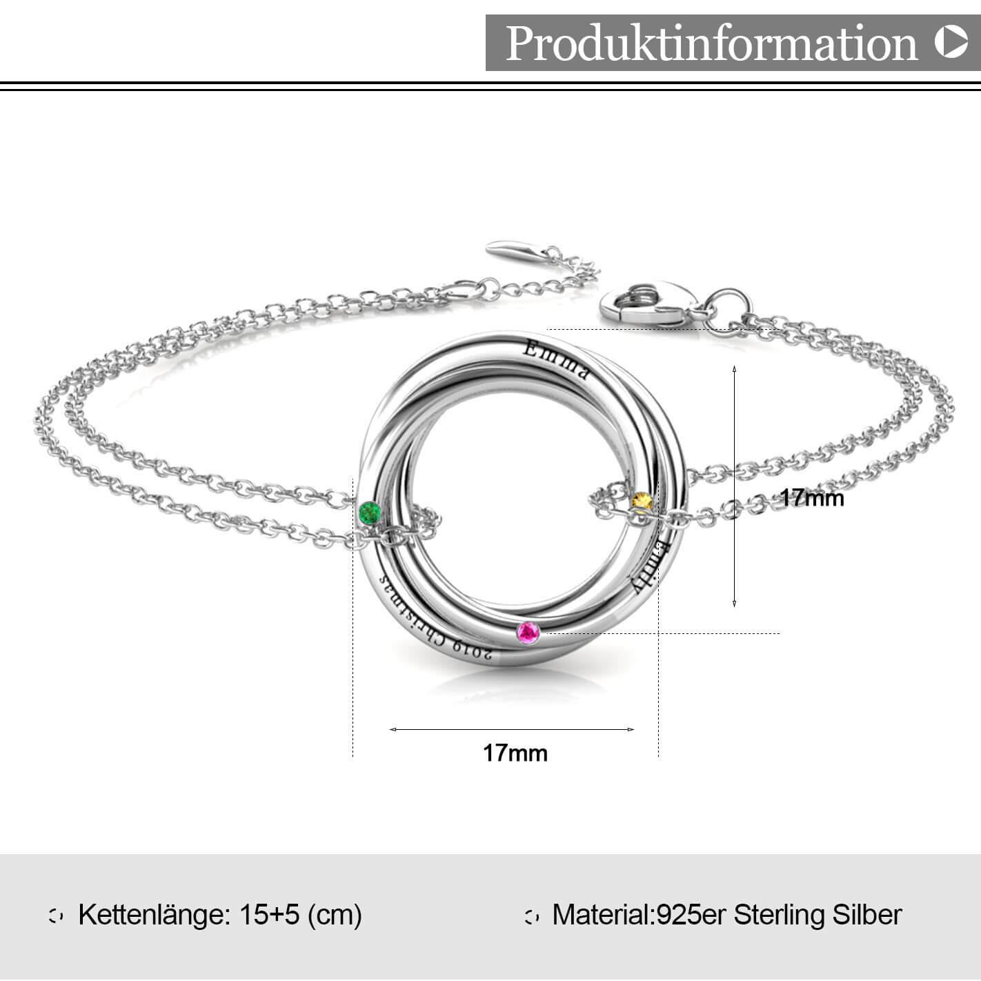 Russische 3 Ringe Armbänder mit 3 Geburtssteinen