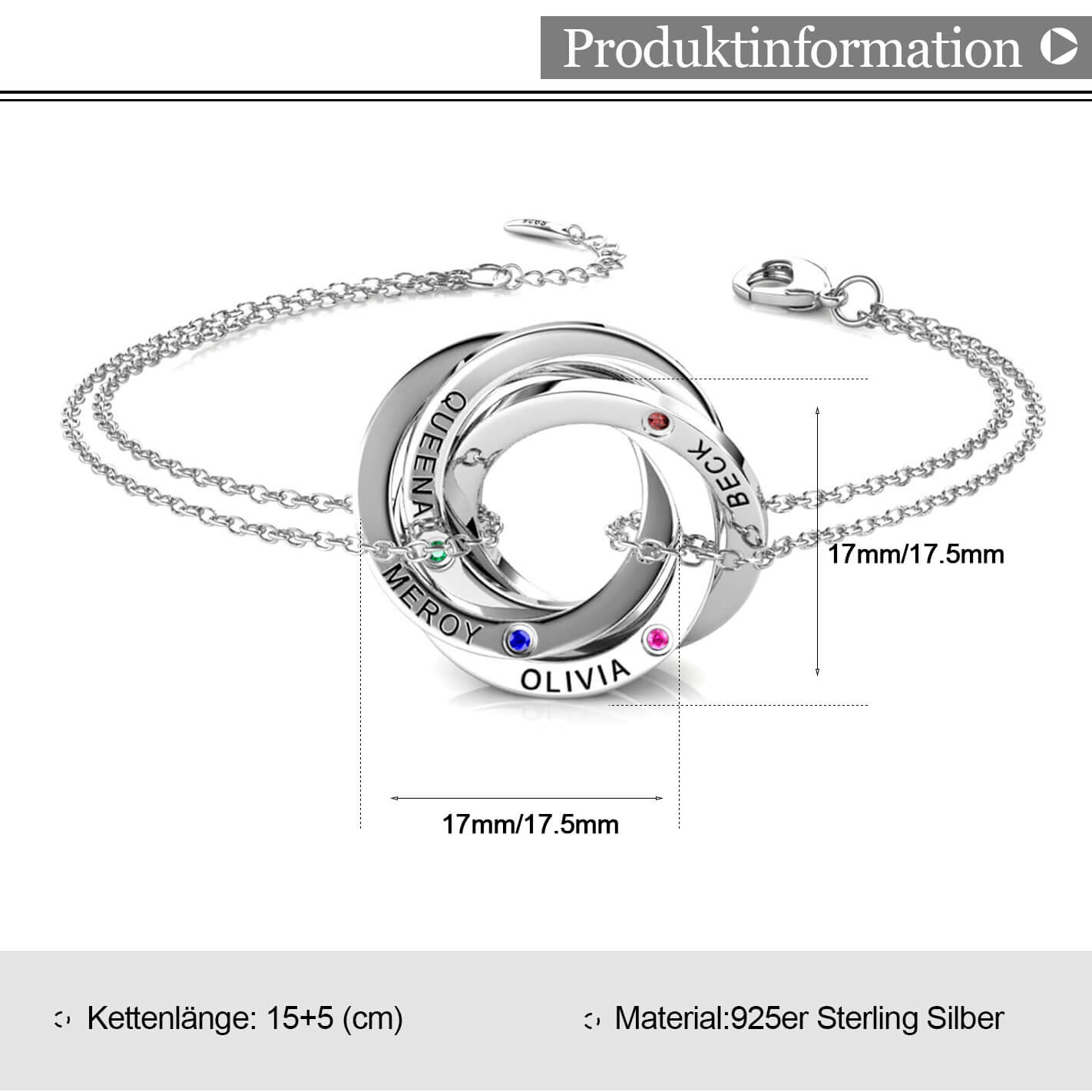 Russische 4 Ringe Armbänder mit 4 Geburtssteinen