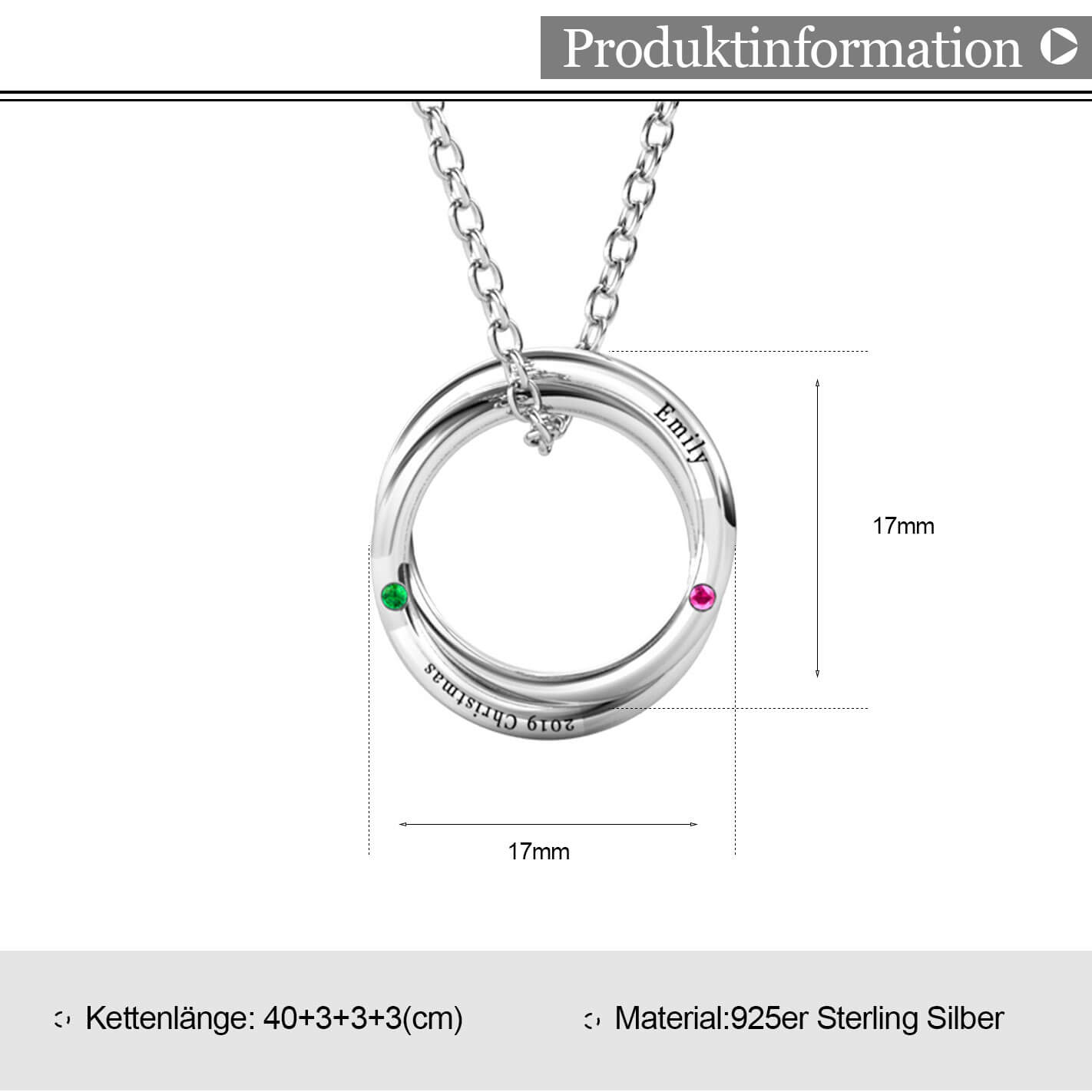 Russische 2 Ringe Kette mit 2 Geburtssteinen