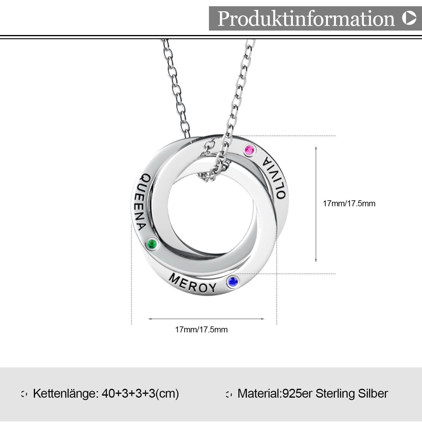 Russische 3 Ringe Kette mit 3 Geburtssteinen
