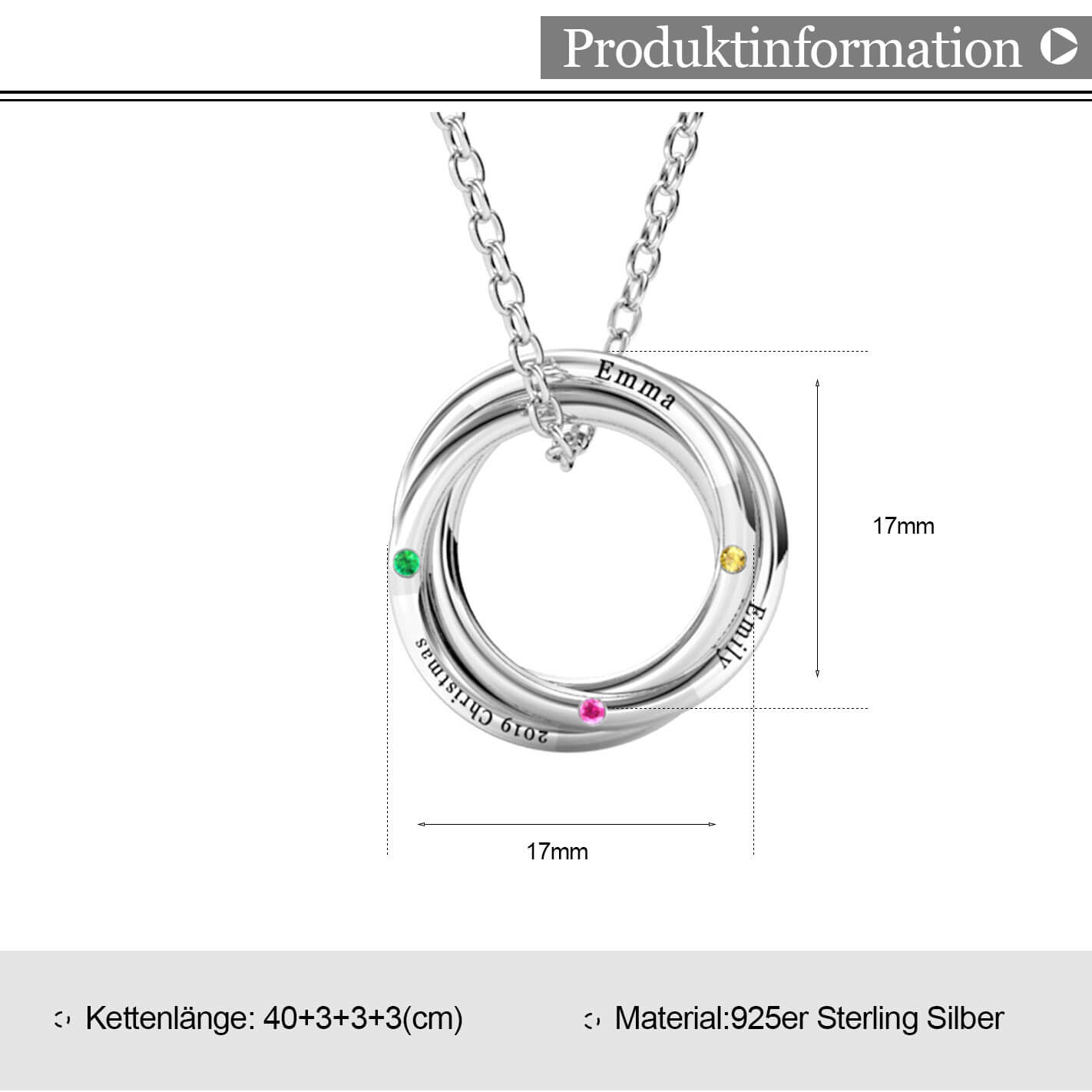 Russische 3 Ringe Kette mit 3 Geburtssteinen