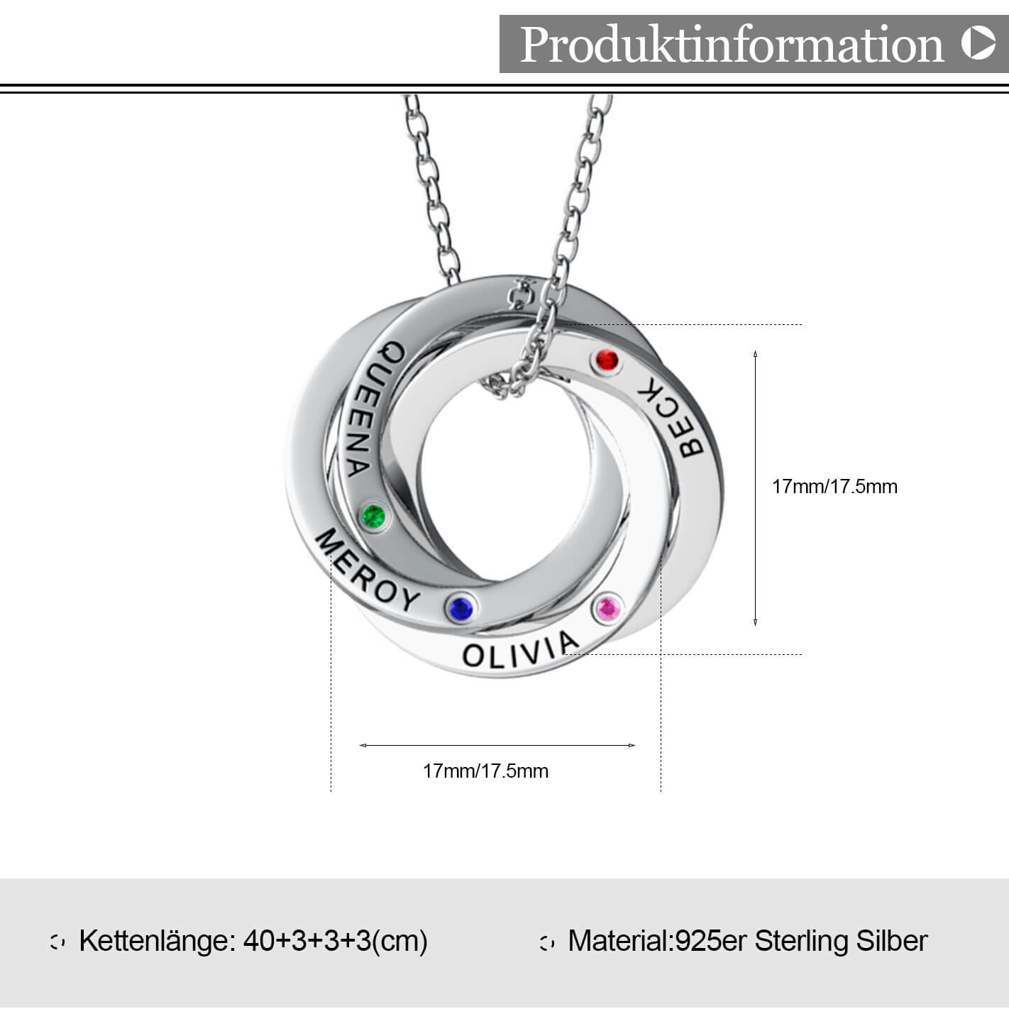 Russische 4 Ringe Kette mit 4 Geburtssteinen