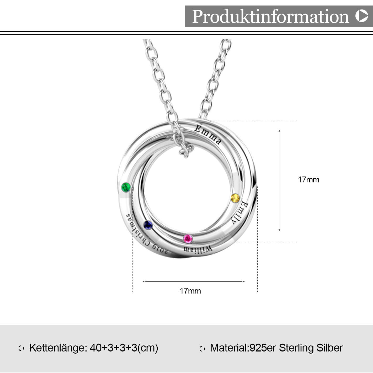 Russische 4 Ringe Kette mit 4 Geburtssteinen