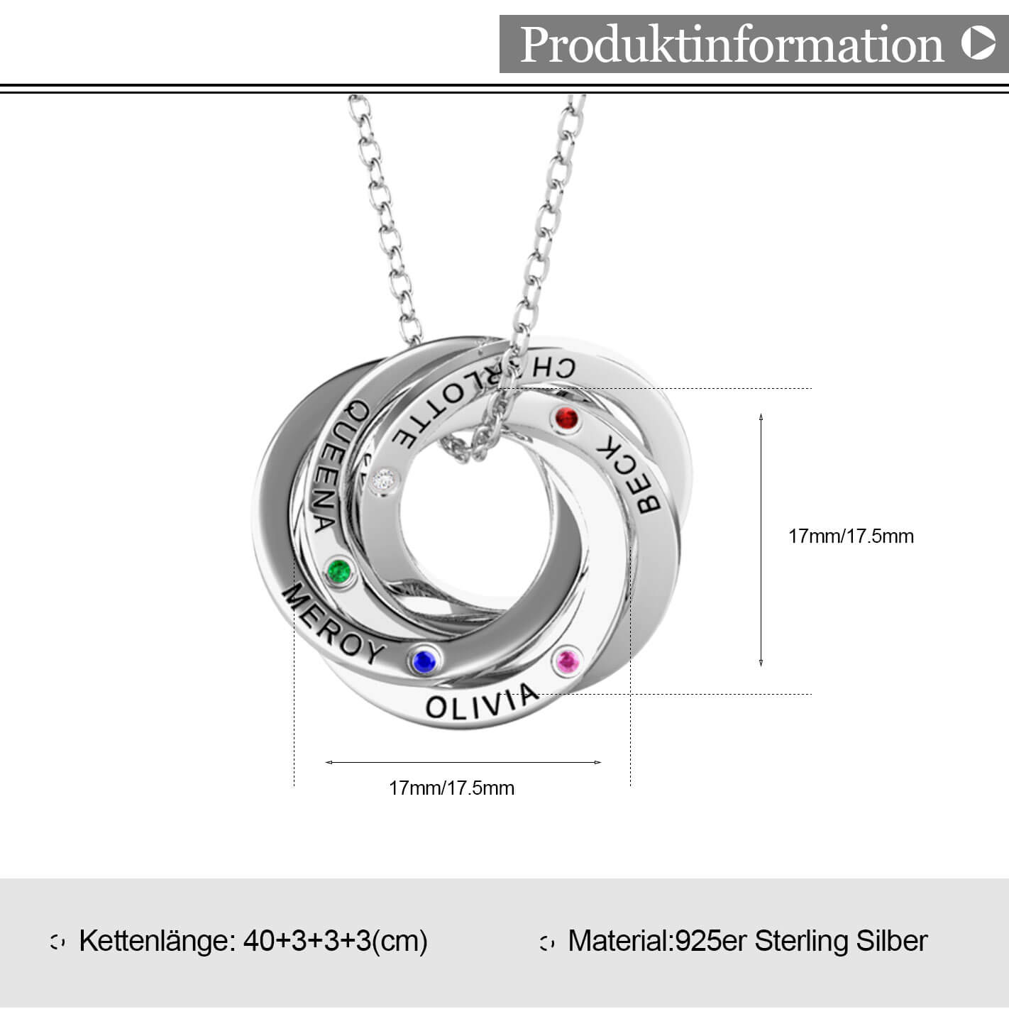 Russische 5 Ringe Kette mit 5 Geburtssteinen