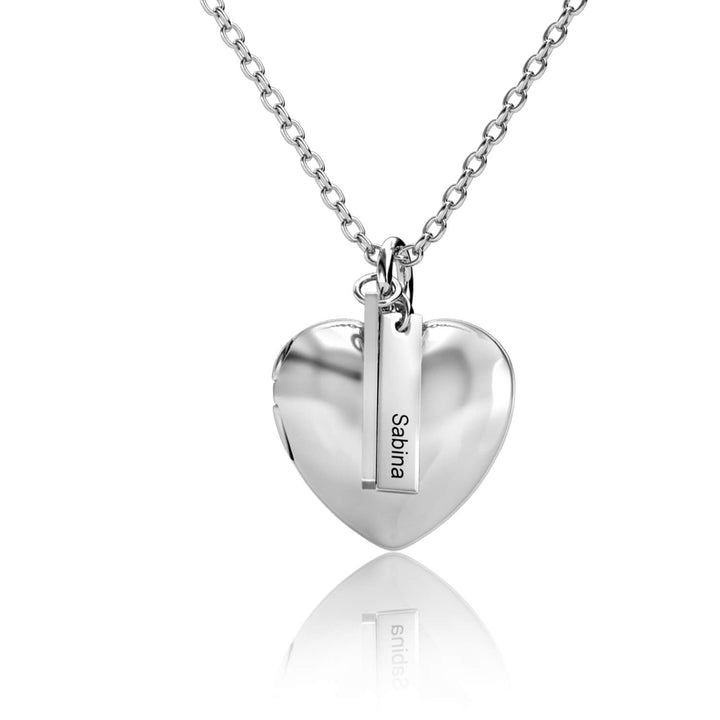 Heart Photo Locket Necklace with 2 Engraved Bar